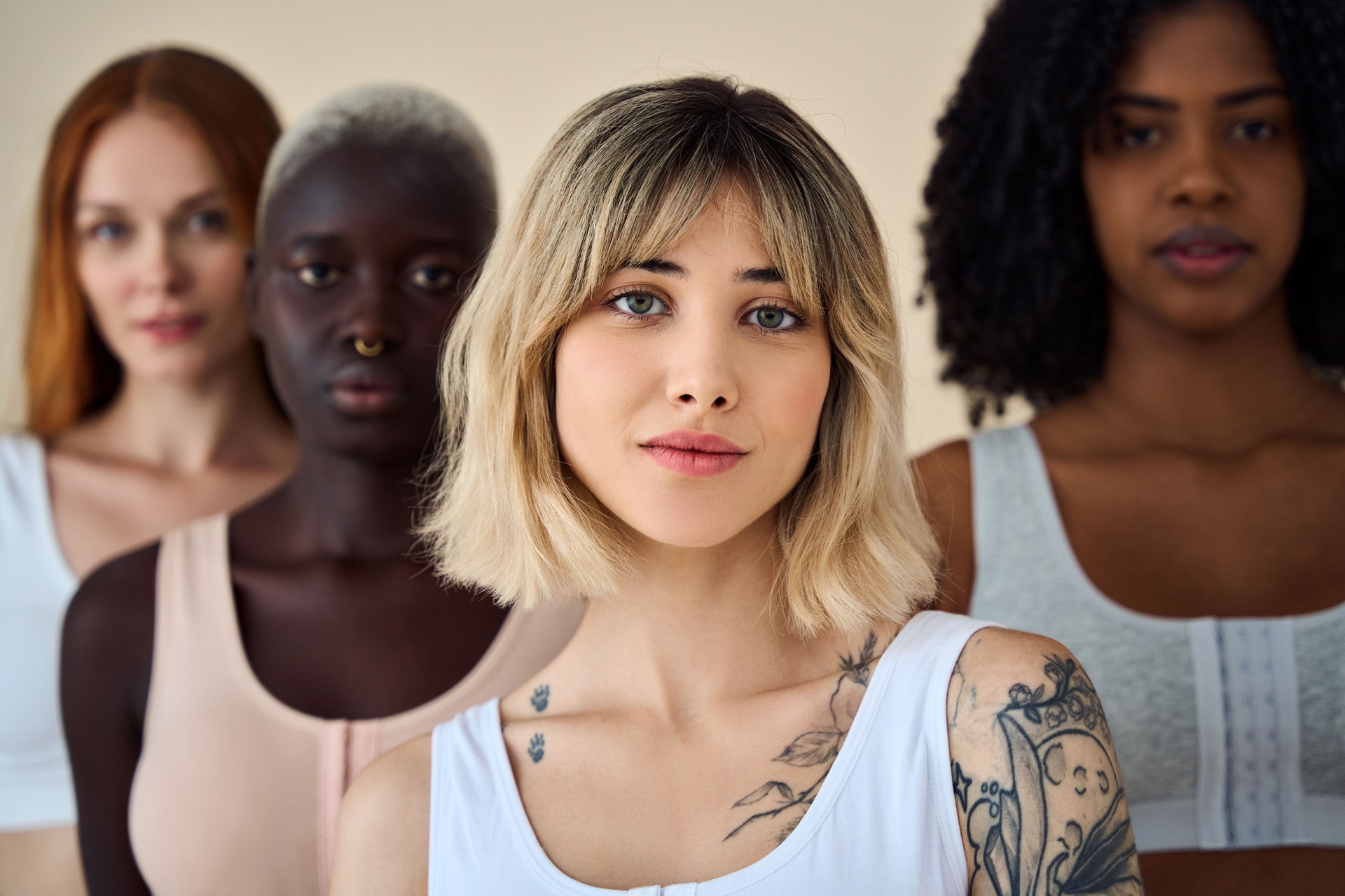 Happy cool gen z girls wear underwear looking at camera, beauty portrait.